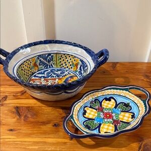 Talavera Mexican Folk Art Handpainted Bowls w/ Handles Set of 2